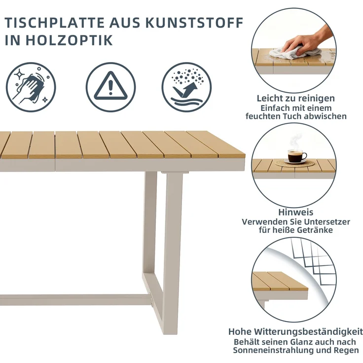 Merax 7-tlg. Garten-Essgruppe, Outdoor-Esstisch-Set, mit 1 Tisch + 6 Stühle, mit Seilgeflecht & Kissen Wetterfest, Beige – Bild 7