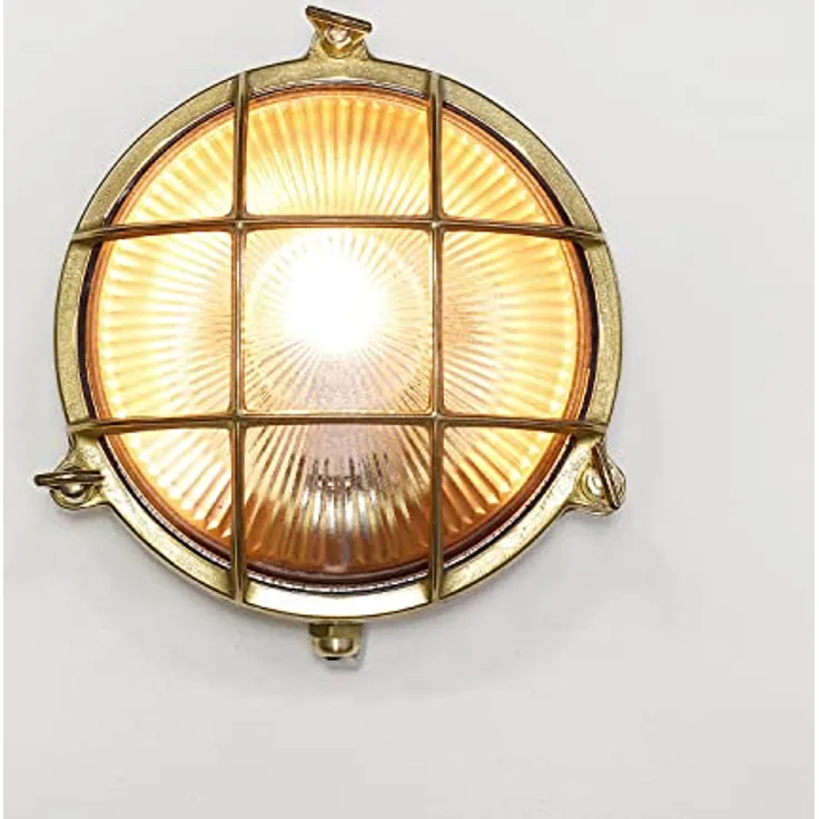 Licht-Erlebnisse SERIFOS, Maritime Wandlampe Außen aus Messing mit geriffeltem Glasschirm, IP64, Ø21 cm, E27 max. 18 W, rustikale Außenleuchte für Garten und Hauseingang