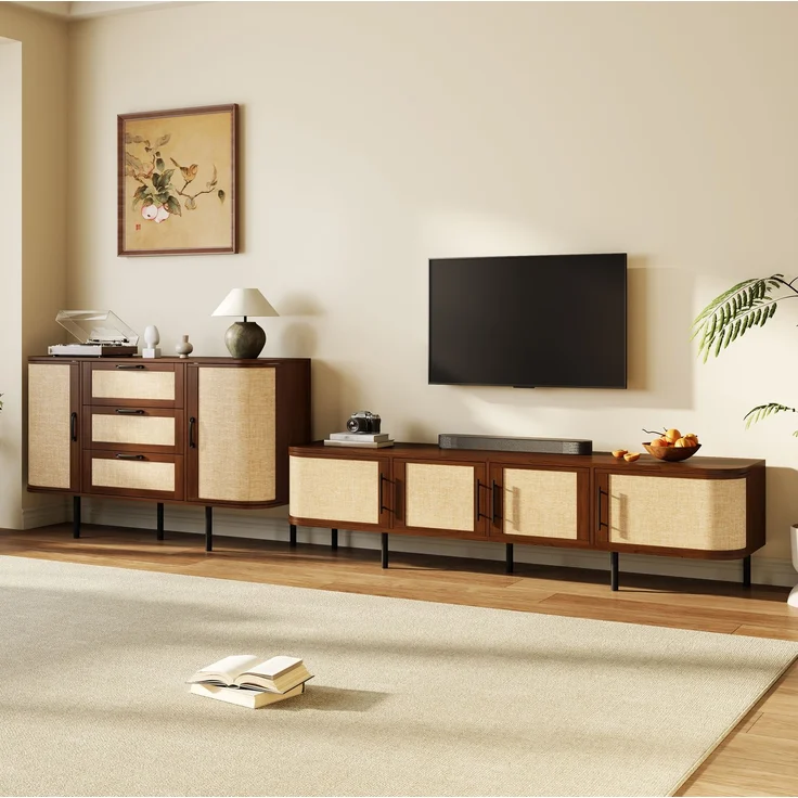 Wohnwand-Set mit TV-Lowboard 180x40x45 cm und Sideboard 120x40x82 cm – Geflechtoptik und Stauraum – Bild 2