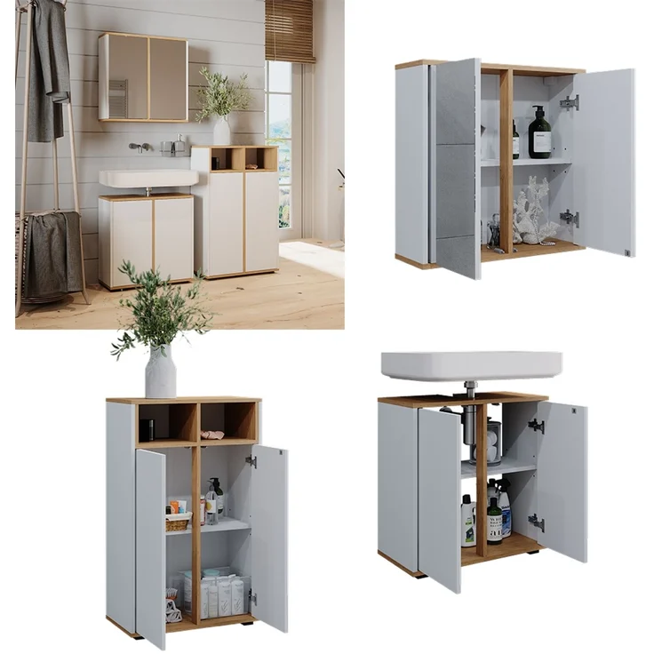 Badmöbel-Set Didi Weiß/Artisan 3 Teile, Midischrank mit 2 Türen Vicco – Bild 2