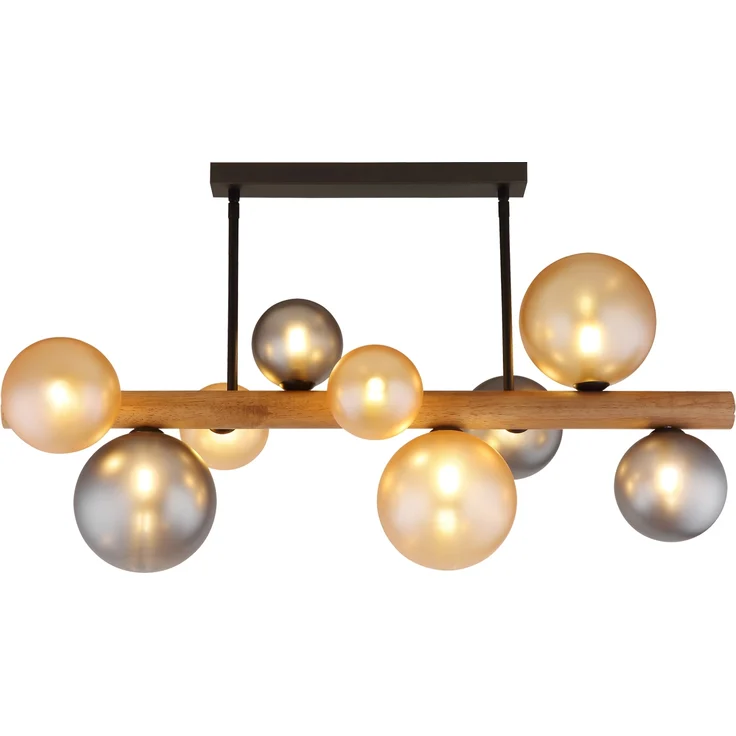 LED Deckenleuchte aus Holz 9-flammig Glaskugeln Rauchglas & Bernstein, B: 78cm – Bild 2