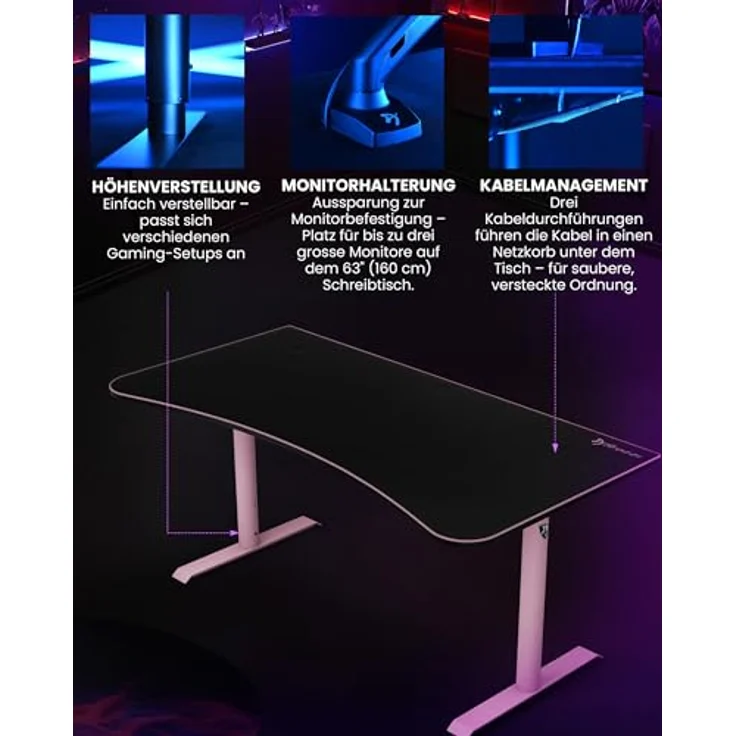 Arozzi Arena Gaming Desk - Pink, großer Gaming-Tisch mit vollflächigem Mikrofaser-Mauspad und höhenverstellbaren Stahlbeinen – Bild 3