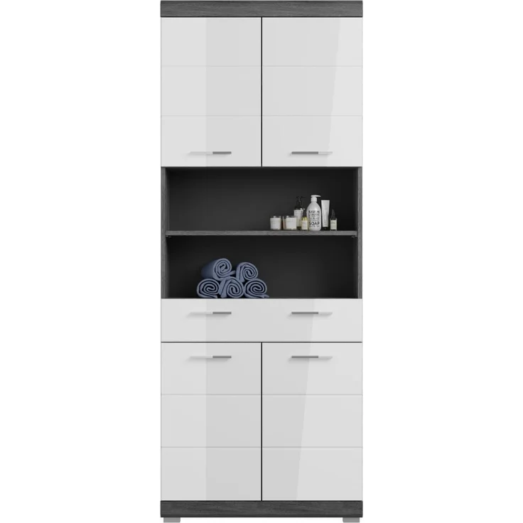 Badezimmer Hochschrank Shawn in weiß Hochglanz und Rauchsilber grau 74 x 191 cm – Bild 2