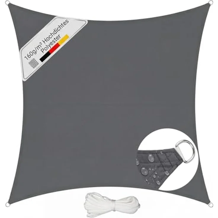 Sunula Sonnensegel Wasserdicht 4x4 m Quadratisch – hochdichtes PES 160g/m², mit umlaufendem Gurtband & Edelstahl-Ringen, Nahtversiegelung & bis zu 95% UV-Schutz, für Balkon Terrasse Garten, Anthrazit – Bild 2