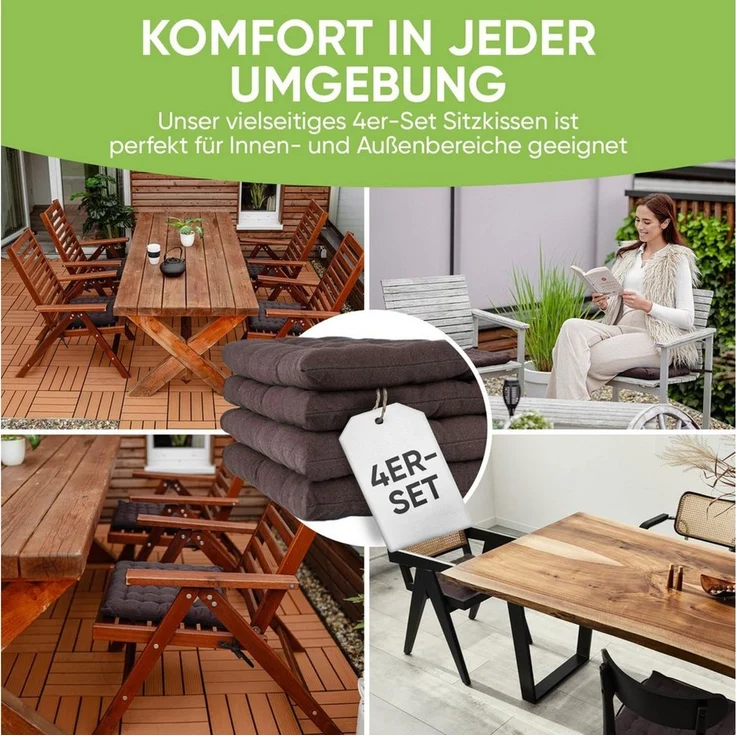 Gräfenstayn Stuhlkissen 4er Set Baumwoll Sitzkissen 40x40x5cm Haltebänder Indoor Outdoor, robustes Sitzkissen für Indoor & Outdoor, mit Haltebändern – Bild 3