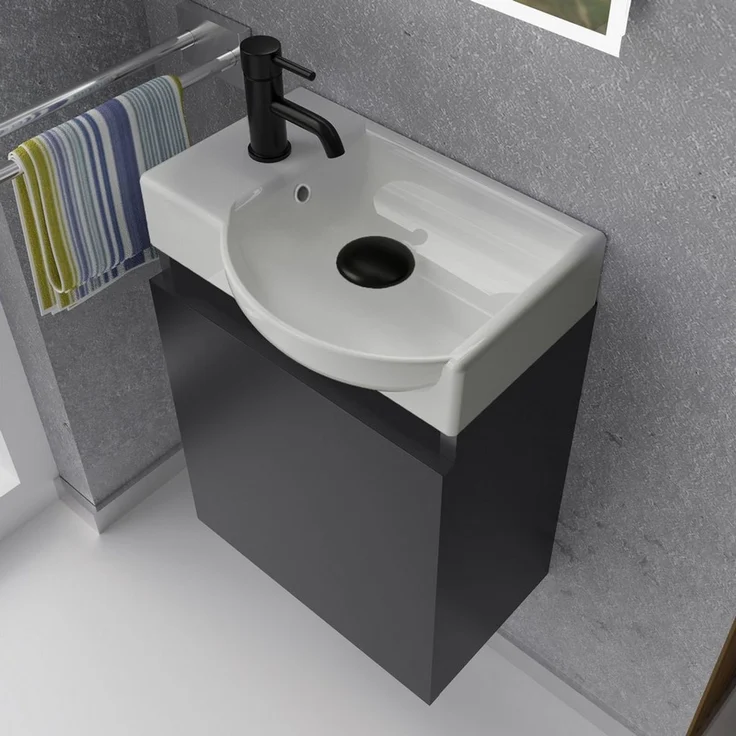 Alpenberger Badmöbel-Set Gäste WC Waschbecken mit Unterschrank - Hängeschrank Vormontiert, (Badschrank 2-tlg, Waschtisch hängend), Waschbeckenunterschrank mit Softclose - Schrank Schwarz – Bild 2