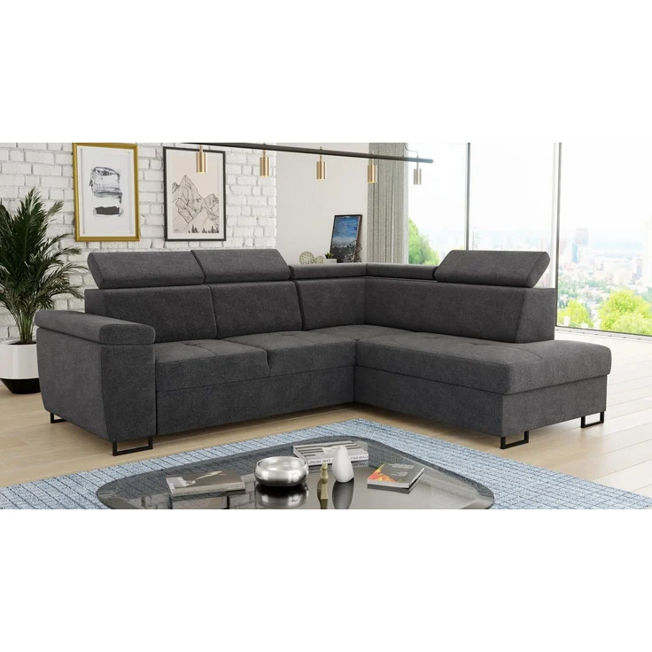 Ecksofa Natan mit Schlaffunktion und einstellbare Kopfstützen - Wohnlandschaft mit Metallfüßen, Couchgarnitur, Bettkasten, Sofa (Ecksofa Rechts, Dunkelgrau (Kronos 22)) – Bild 5