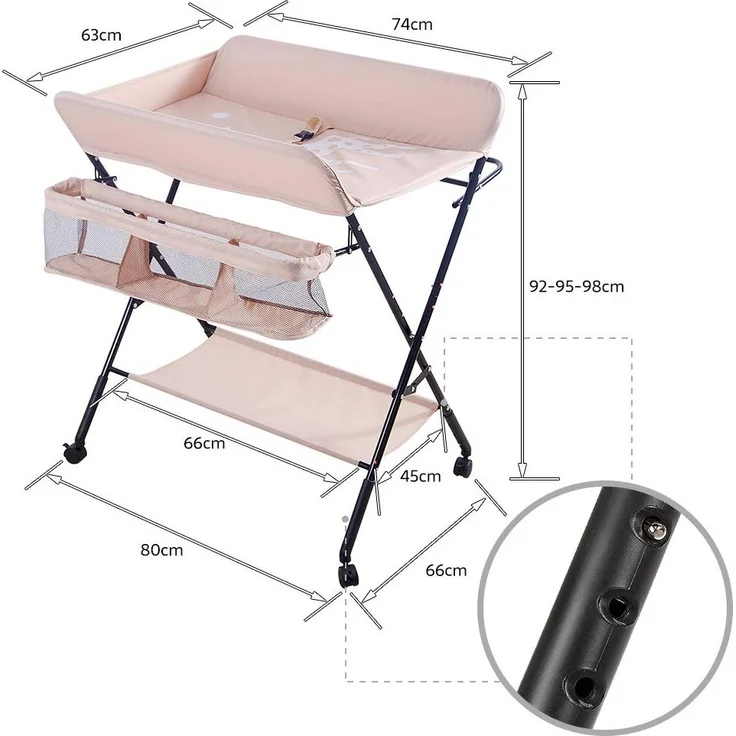 Klappbare Baby Wickelkommode, Wickeltisch mit Ablageflächern, Rollen, Kissen mit Höhenskala, 80 × 66 × (92-95-98) cm, Beige – Bild 2
