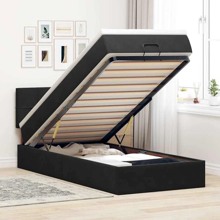vidaXL Ottoman-Bett mit Matratze & LEDs Schwarz 100x200 cm Samt 3312604 – Bild 1