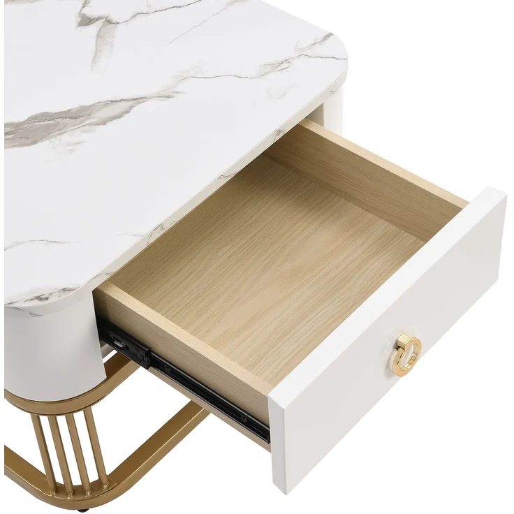 Merax Couchtisch Set Marmoroptik mit Schublade, Beistelltisch hochglanz, Satztisch mit Glasplatte,Wohnzimmertisch, Gold | Weiß – Bild 6