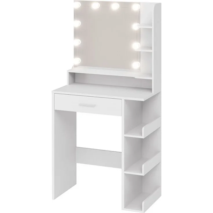 Mondeer Schminktisch Kosmetiktisch (Weiß, 67 x 36 x 138 cm), mit Spiegel und 10 LED-Lichtkugeln,1 Schublade und 7 Offenen Fächern