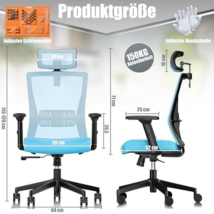 KESSER® Bürostuhl mit verstellbaren Armlehnen | Drehstuhl mit Lendenwirbelstütze Rückenschonend | Schreibtischstuhl ergonomisch mit Kopfstütze | Office Chair Wippfunktion bis 125° mit 5x Gummirollen Blau / Schwarz – Bild 2
