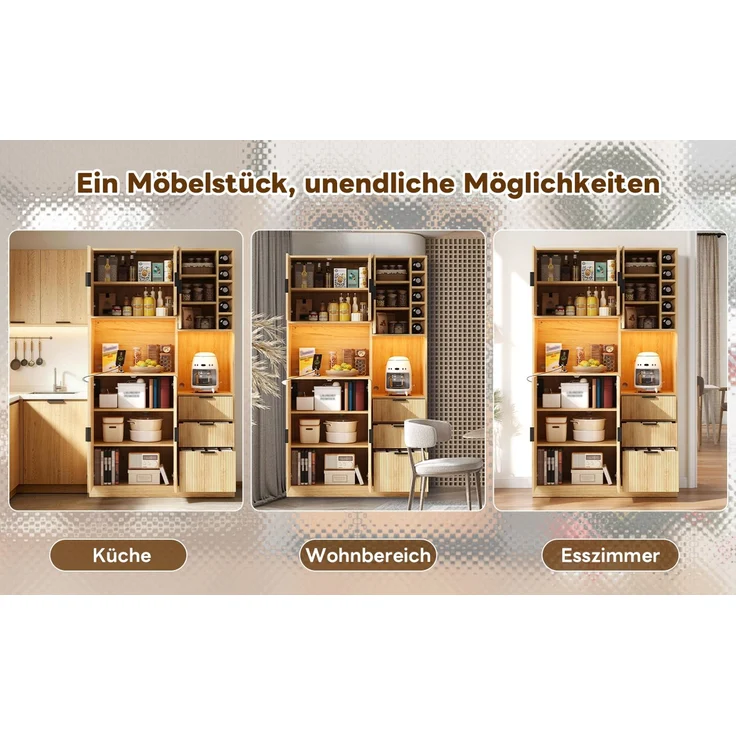 ZUBALIYA Weinschrank 105x40x180 cm, mit LED-Beleuchtung, mit Steckdosen, mit verstellbaren Einlegeböden, aus MDF, Natur – Bild 21