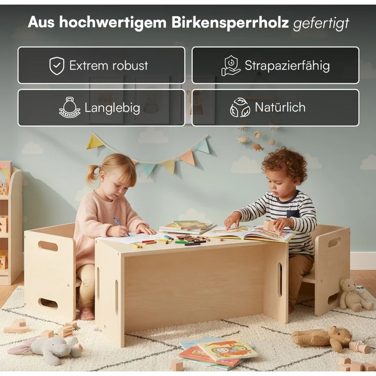 Bellabino 'Aki' 2in1 drehbare Kindersitzgruppe, 2x Stuhl und 1x Bank, natur unbehandelt, Birke Sperrholz, 3 Sitzhöhenstufen – Bild 6
