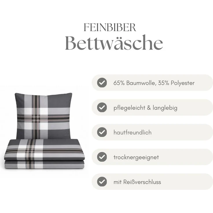 Feinbiber Bettwäsche Tartandesign - Baumwollmix mit verdecktem Reißverschluss 200x200 cm + 2x (80x80 cm) – Bild 6