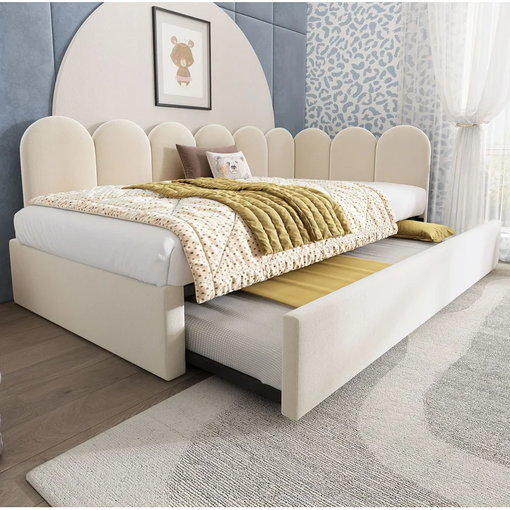 Daybett 90x200 cm mit Ausziehbett 90x190 cm – gepolstertes Schlafsofa aus Samt in Beige – Bild 4