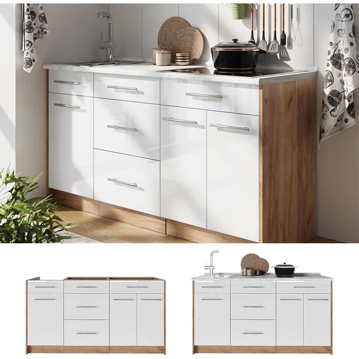 Küchenblock Fame-Line Weiß Hochglanz 150 cm, AP Marmor Vicco – Bild 7