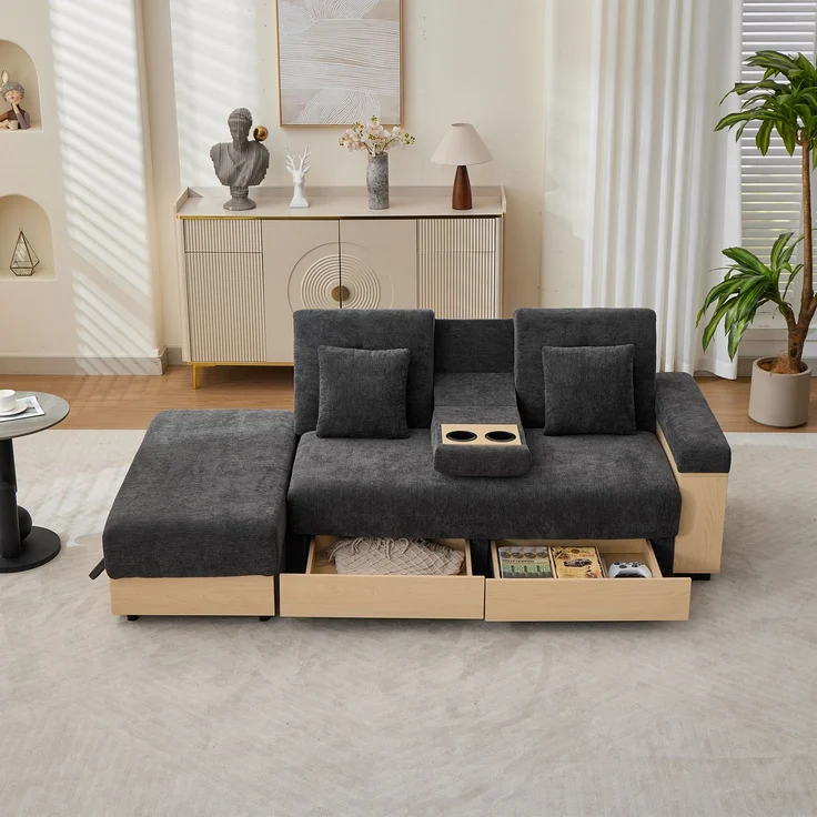 Merax Wohnlandschaft Sofa mit Stauraum, 3-fach verstellbarer Rückenlehne, Schlafsofa mit Schubladen, Chenille-Stoff, Getränkehalter & Stauraumhocker, grau – Bild 5