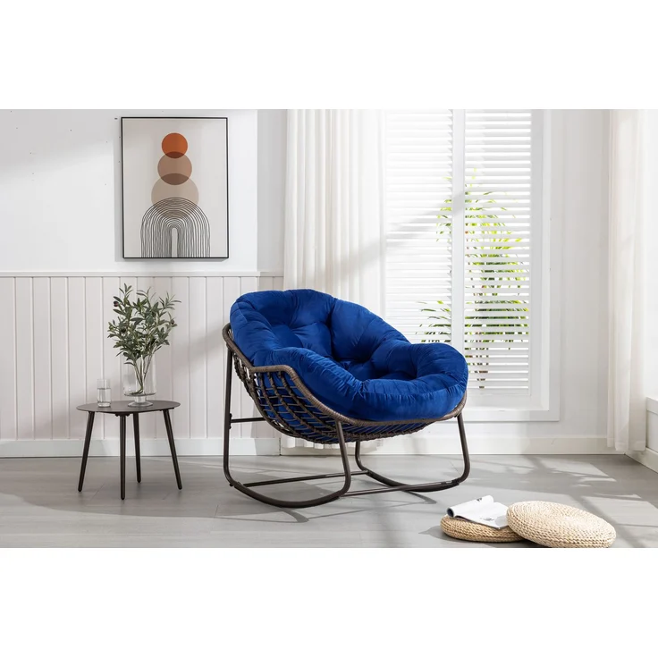 Gepolsterter Schaukelstuhl aus Rattan für den Außenbereich, ideal für Veranda, Wohnzimmer, Terrasse und Garten, Marineblau, 93 x 73 x 23 cm, YOUDENOVA – Bild 6