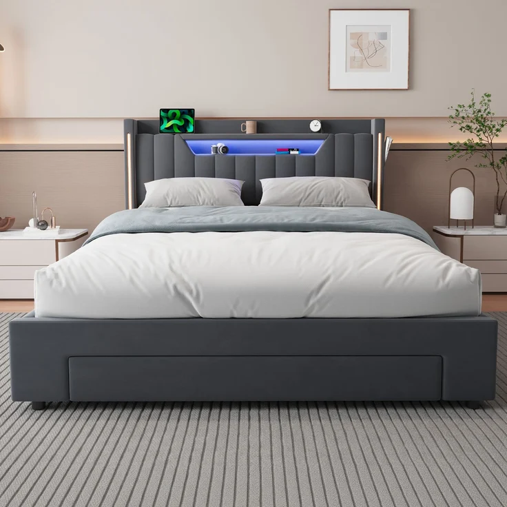 Polsterbett 140x200 cm mit LED-Beleuchtung, Ladestation und Stauraum – Ohne Matratze – Bild 9