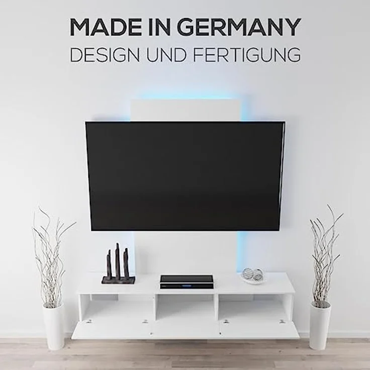 TroniTechnik Lowboard TV Board Velan (140cm x 38,5cm x 26cm) (Optimal für Ihre Multimedialandschaft, Melaminbeschichtete Spanplatte), Vorgebohrte Führungen für Kabel, inkl. LED-Beleuchtung – Bild 6