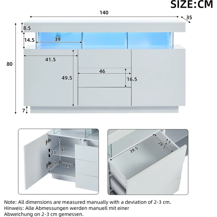 DESVIAE Sideboard mit 3 Schubladen und LED-Beleuchtung, 140x80x35 cm, Spanplatte und Acryl, Weiß – Bild 10