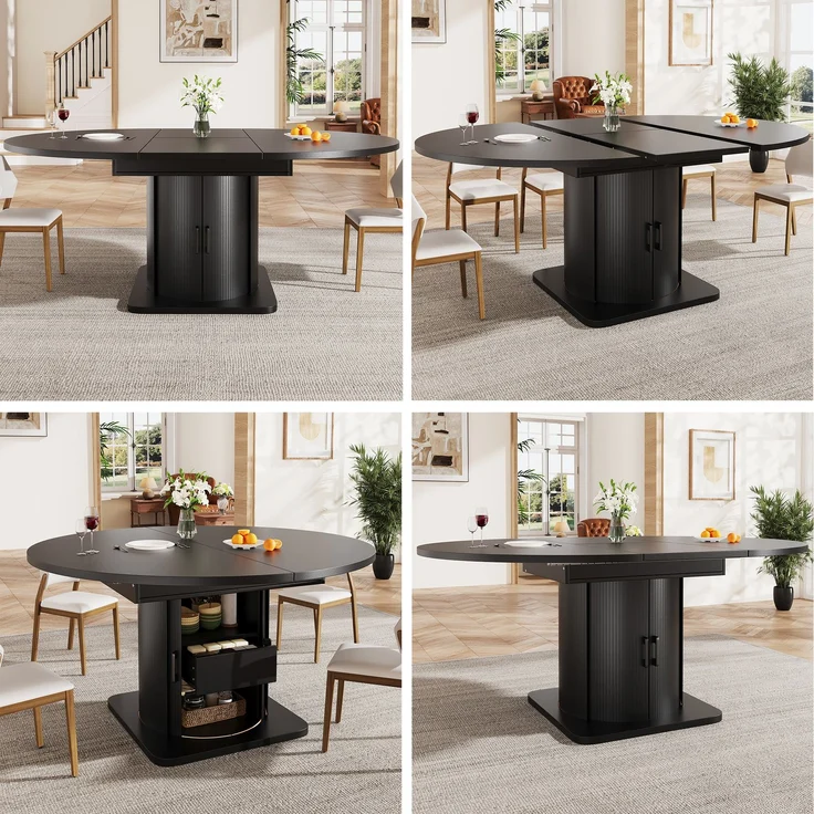 Esstisch 118-158x118x76 cm ausziehbar in Schwarz, MDF mit flexiblem Umbau und Stauraum – Bild 6