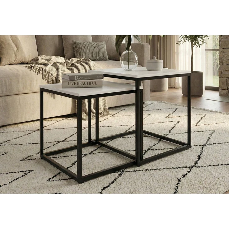 Home Collective Couchtisch Kleiner 2er Set aus Holz, Wohnzimmertisch Modern (Beistelltisch Set 2 in 1 mit Metallgestell, Büro Beistelltisch Loft Design TWIN, kratzfeste Oberfläche, Set 2 in 1), Quadratisch in Weiß, für Wohnzimmer – Bild 4
