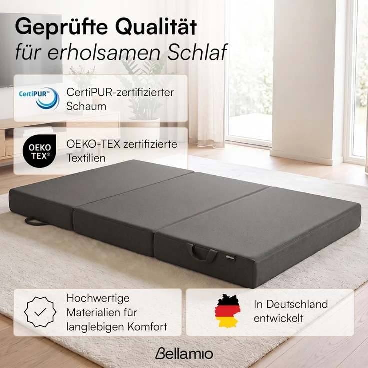 Bellamio 'Lomme' Klappmatratze 140x200 cm, 3-fach faltbar, Höhe 15 cm, Härtegrad H3, Gästematratze mit Tragegriffen, dunkelgrau, abnehmbarer Bezug – Bild 7