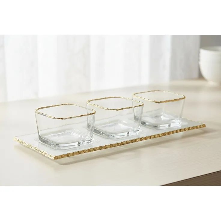 4er Glasschalen-Set mit Goldrand und Tablett - quadratische Dipschalen, 73 ml