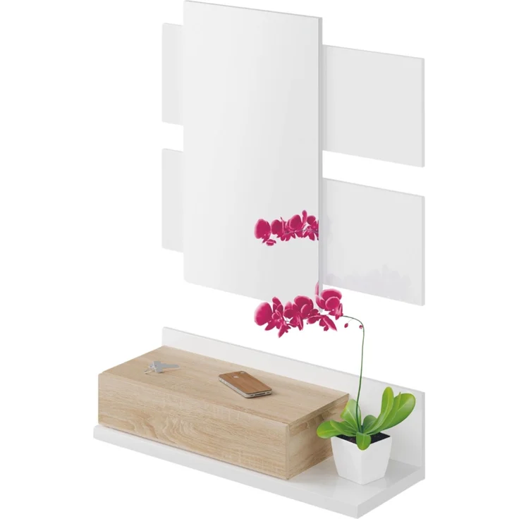 Flur mit Schublade und Spiegel, Eingangsmöbel, Modell Tekkan, Ausführung in Artik White und kanadischer Eiche, Maße: 75 cm (Breite) x 116 cm (Höhe) x 29 cm (Tiefe) – Bild 6