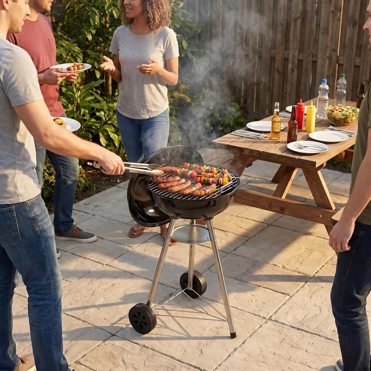 Aoxun Holzkohlegrill, 47cm Kugelgrill mit Thermometer und regulierbarer Luftzufuhr, kratzfeste, emaillierte Grillschale, Ascheauffangbehälter, Rollen und Ablage, für Garten, und Outdoor, schwarz – Bild 8