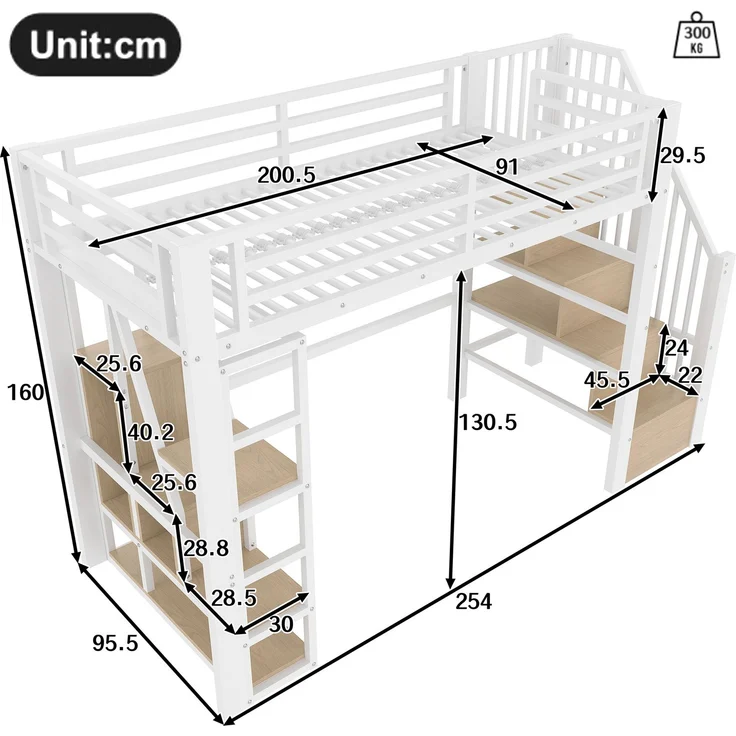 EINHOM Hochbett, 90 x 200 cm, Eisenrahmen, Ablagefach, Integrierte Stufen, Schutzgeländer, Leiter, mit LED-Lichtleiste, Offener Stauraum unter dem Bett, Matratze Nicht im Lieferumfang Enthalten, Weiß (Ohne Matratze) – Bild 2