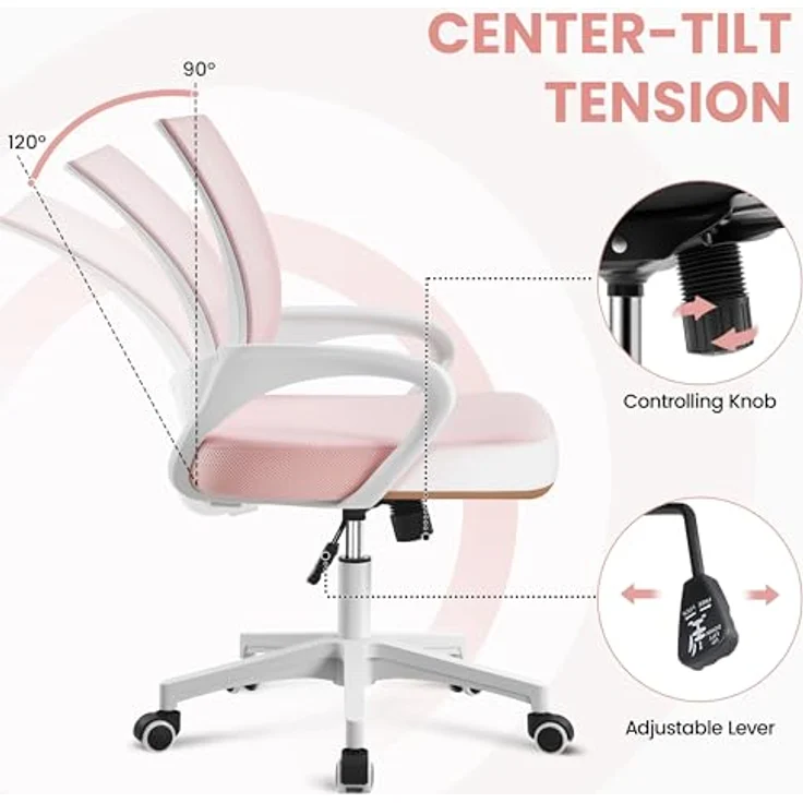 Yaheetech Bürostuhl Ergonomisch, Schreibtischstuhl mit Netzbespannung und Armlehnen, Drehstuhl aus Mesh, Chefsessel Wippfunktion, Höhenverstellbar Rückenschonend bis 136kg Belastbar, Rosa – Bild 7