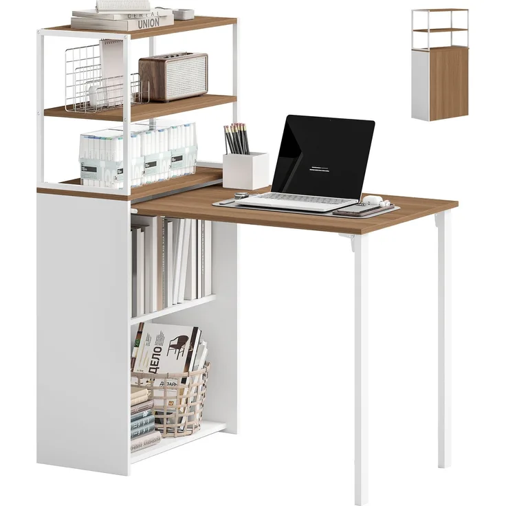 MELAYR, Schreibtisch Klappbar Küchentisch mit 4 Regal Computertisch Arbeitstisch Laptoptisch 105 x 60 x 127 cm Naturholz