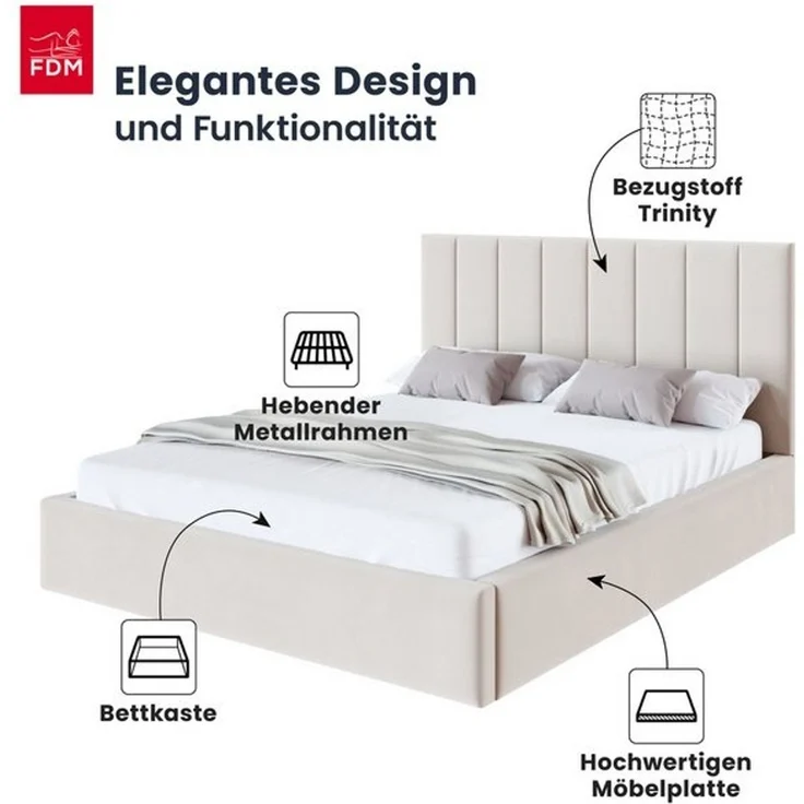 FDM Polsterbett Stauraumbett KAJA Bettgestell 90x200, 140x200 & weitere Größen (verfügbar 90x200 120x200 140x200 160x200 180x200cm, Bettrahmen, Bett, mit großen gepolsterten Kopfteil, mit Bettkasten zum aufklappen), Hebbarer Metallrahmen, Bettkasten, o... – Bild 4