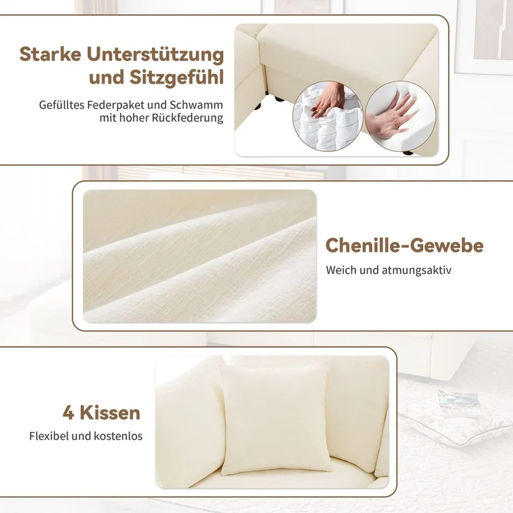 Ecksofa mit Hocker, Zierkissen und Rückenlehnen, L-Form, Armlehnen verstellbar, inkl. Federkern, Polstersofa, Loungesofa, Chenille – Bild 6