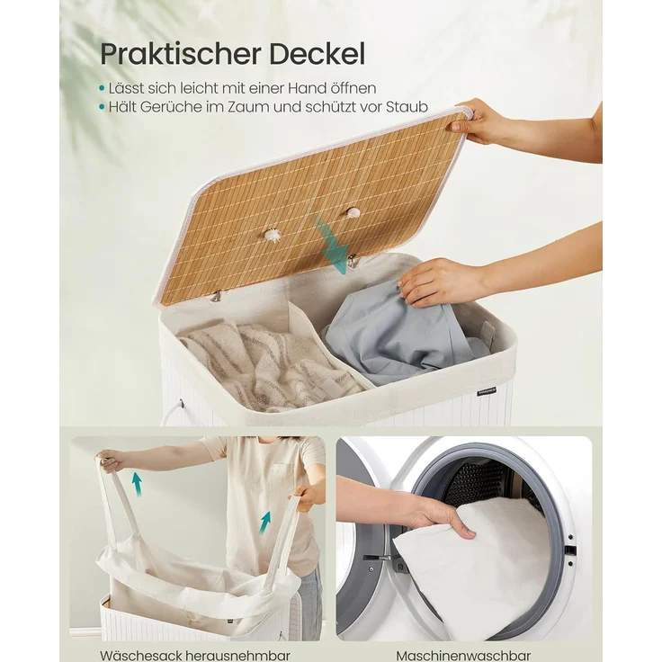 SONGMICS Wäschekorb 2 Fächer, 100 L Wäschesammler mit Deckel, Wäschebox Bambus, mit Griffen, faltbar, Wäschesack herausnehmbar maschinenwaschbar, Waschküche, braun, grau – Bild 4