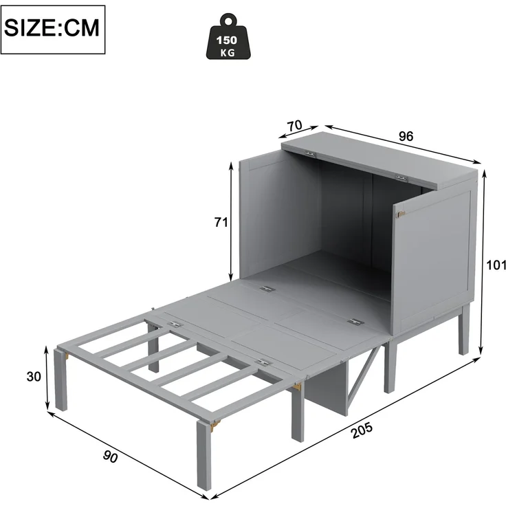 Novelux Vertikales Schrankbett 90x200 cm Wandklappbett mit Lattenrost – Platzsparendes Einzelbett aus Holz & Metall für kleine Räume, Grau, 150 kg – Bild 2