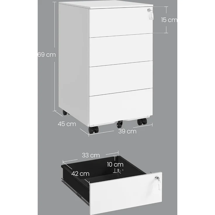 Songmics Rollcontainer abschließbar mit 4 Schubladen, Stahl wolkenweiß, 45,1 x 39 x 69,3 cm – Bild 3