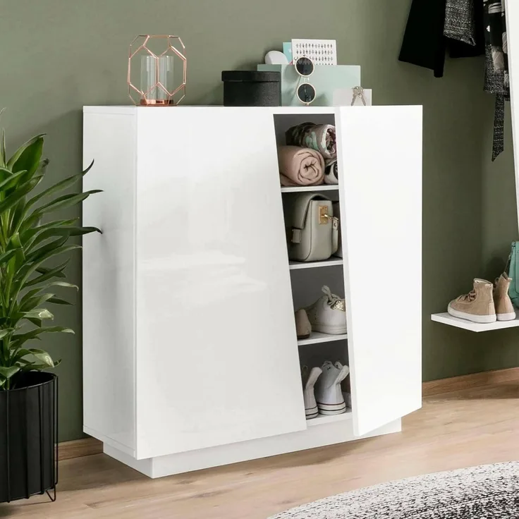 Dmora - Schuhregal Joel, Mehrzweckschrank mit 2 Türen, Schuhregal für den Eingangsbereich, 100 % Made in Italy, 80 x 38 x 86 cm, glänzend weiß,