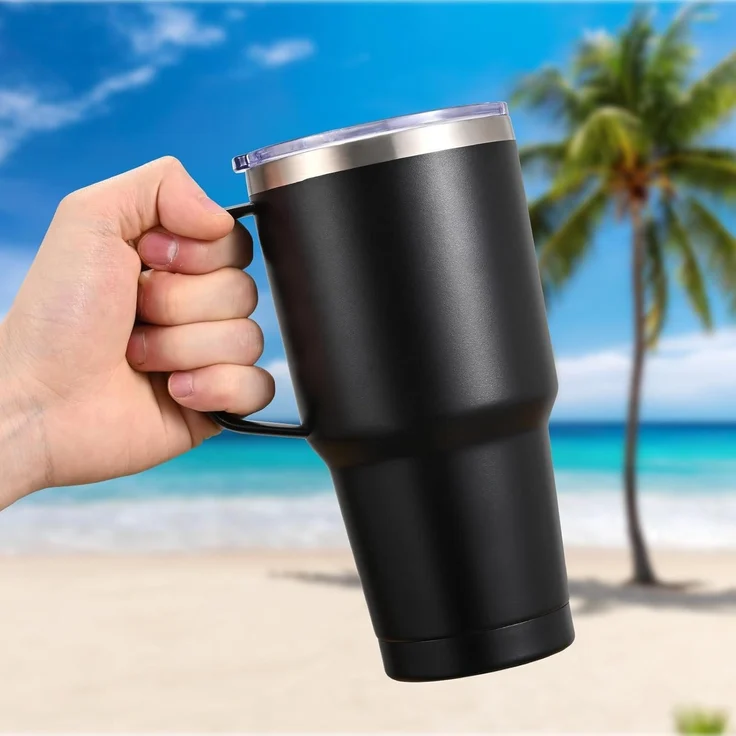 Livole 30oz 900ml Doppelwandiger Thermobecher mit Strohhalm Henkel Schwarz – Bild 3
