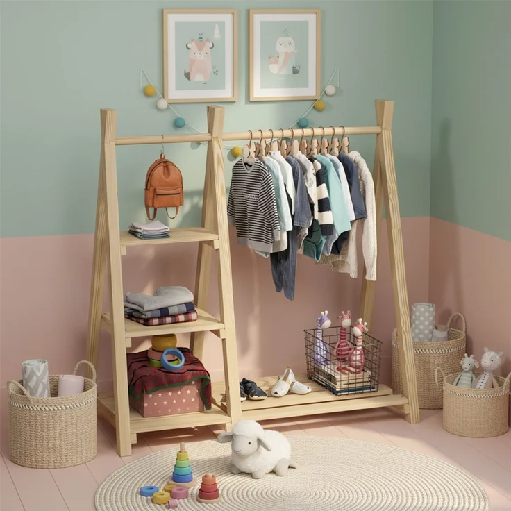 Bellabino 'Ryck' Tipi Kleiderstange mit 3 Regalen, Kiefer Massivholz, natur, 112x48x112 cm, Kindergarderobe mit Schuhablagefläche – Bild 1