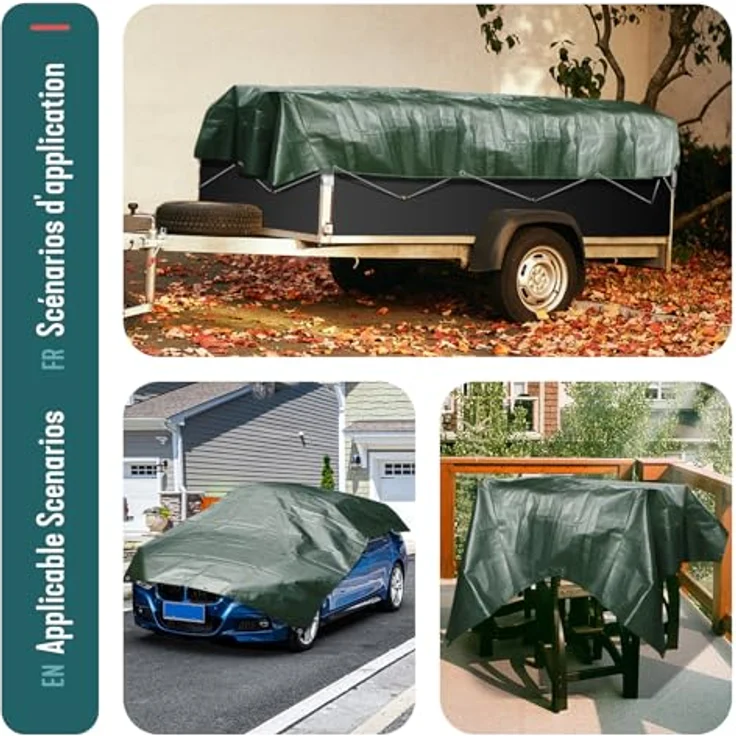 VOUNOT 4x6 m Abdeckplane 240 g/m² Wasserdicht LKW Plane mit Ösen, Schutzplane Gewebeplane für Gartenmöbel Holz Trampolin Poll Auto, Reißfest Beidseitig Beschichtet, Silber-Grün – Bild 8