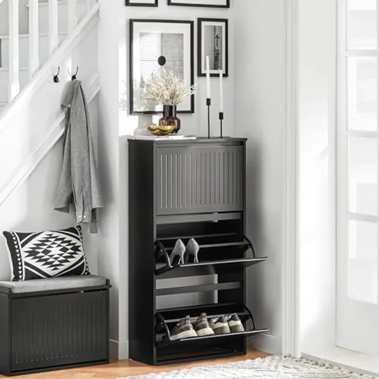 SoBuy Schuhschrank, Schwarz, Holzwerkstoff, 3 Klappfächer, verstellbare Böden, 61x120x26 cm – Bild 2