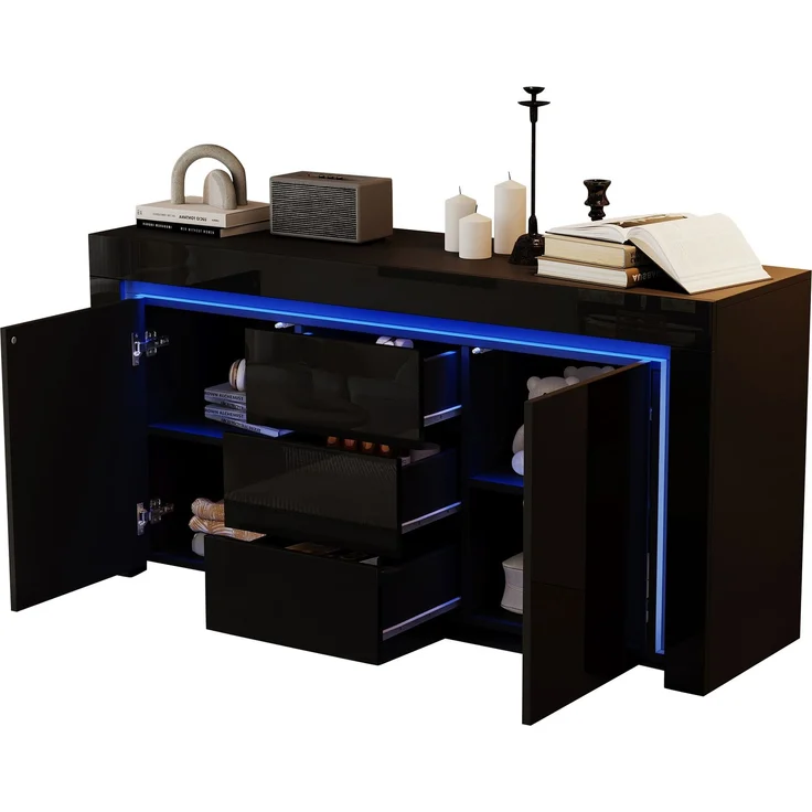 Merax 140*40*65cm Wohnzimmerschrank, Kommode mit 3 Schubladen, 2 Türen, Breite 140 cm, Hochglanz Beistellschrank mit LED-Lichtleiste, Sideboard mit Stauraum, Schwarz – Bild 9