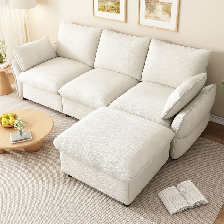 Merax 222cm Ecksofa mit Ottomane (inkl. 1 Hocker), 3-Sitzer Sofa aus Chenille, Beige
