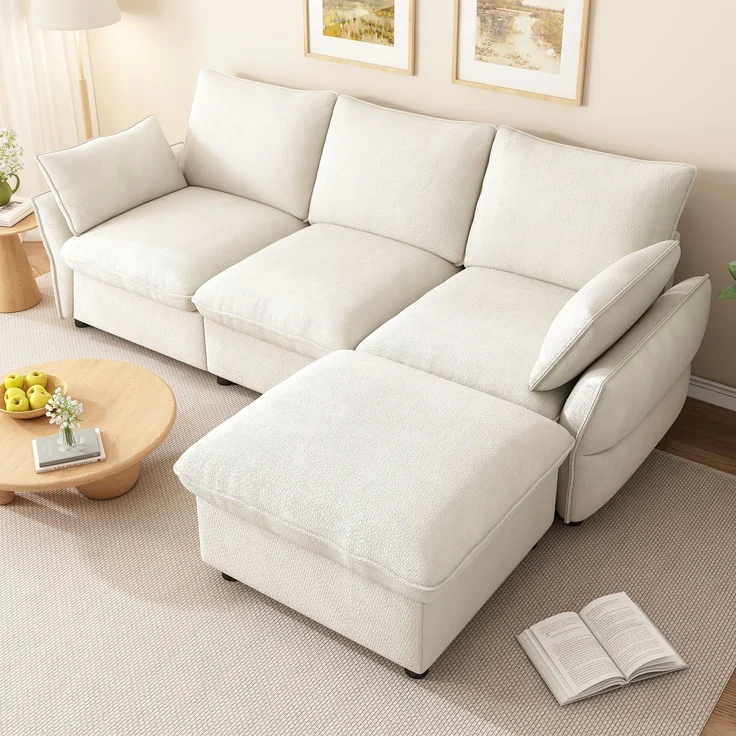 Merax 222cm Ecksofa mit Ottomane (inkl. 1 Hocker), 3-Sitzer Sofa aus Chenille, Beige – Bild 1