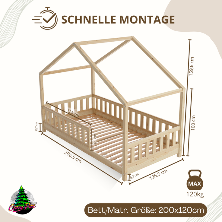 Crazy Pine 'Crazy House' Hausbett mit abnehmbaren Rausfallschutz, Naturholz, Natur, 120x200 cm, mit Höhenverstellbaren Beinen – Bild 2