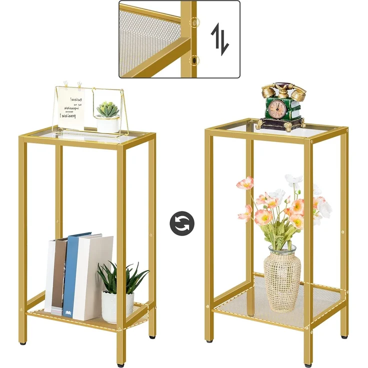HOOBRO Beistelltisch Hoch, Telefontisch mit Verstellbarer Netzablage, Schmaler Nachttisch, Sofatisch, 37 x 27 x 72,5 cm, für Büroflur, Wohnzimmer, Industrie-Design, Gold EGD03DH01 – Bild 6